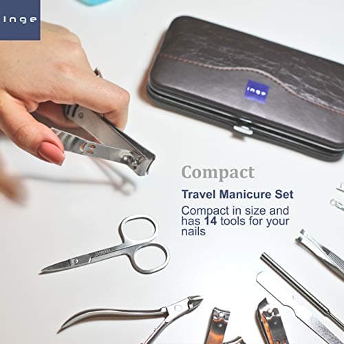 Inge 14 Piece Manicure Set for Men & Women | Stainless Steel Nail Clippers & Pedicure Kit | Professional Nail Care Grooming Set with Leather Travel Case — view 3