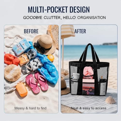 Large Mesh Beach Bag for Women and Men Tote Bag with 8 Pockets for Towels toiletries slippers cups and toys,Beach Essentials Ideal for Swimming Pool Vacation and Travel Lightweight Foldable (Black L) — view 6