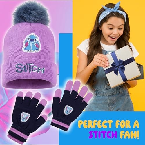 Disney Stitch Girls Beanie Scarf Teenagers Kids Gloves Winter Accessories School Travel Stitch Gifts, Choose from Sets (Purple Stitch 2 Pcs) — view 3