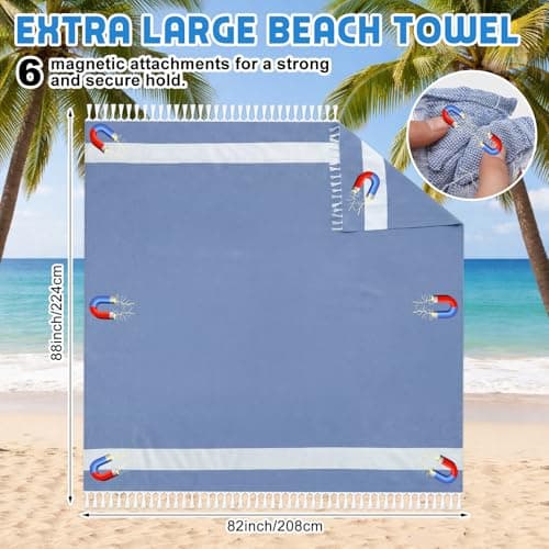HunnmingRe 1 Pcs 82 x 88 Inch Extra Large Magnetic Beach Towel Oversized Turkish Blanket Cotton XXL Sandproof Towels Huge Big Giant Throw Quilt Blankets for Adult Picnic Camping Travel Pool (Blue) — view 2