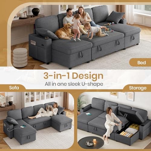 Corner Sofa Bed, U-Shaped Convertible Sleeper Sectional Sofa Bed with Storage, USB & Type-C Ports, Cup Holders and 2 Cushions, 4 Seater Linen Pull Out Couch Bed for Living Room, Bedroom, Grey — view 6