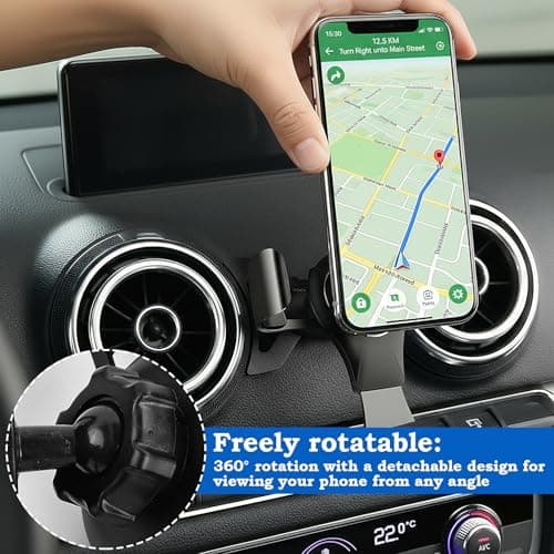 Focenat Car Phone Holder, Vehicle Mobile Phone Stand Mount, Gravity Auto Lock Aluminum Alloy with 360 Degree Rotation, Stable No Jitter Air Vent Cradle, Compatible with Audi A3 — view 6