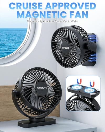 SOQSYS Cruise Approved Magnetic Fan with 12000mAh Rechargeable Battery, Cruise Fan with 3 Speeds, Timer, Led Lights, Power Output & Bottom Hook, Portable Fans for Camping Travel Cruise Essentials — view 3
