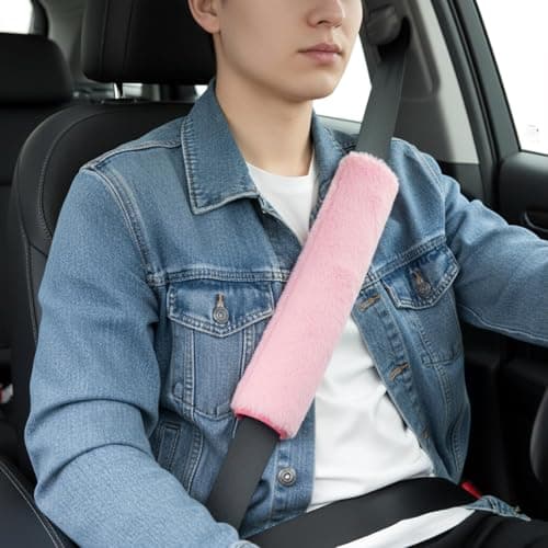 Hopzab 2 Pcs Faux Fur Seat Belt Covers, Soft Plush Shoulder Pads, Universal Car Strap Protector, Comfort Cushion for Shoulder and Neck, Warm Accessory for Girls, Daily Driving Travel Use, Pink — view 4