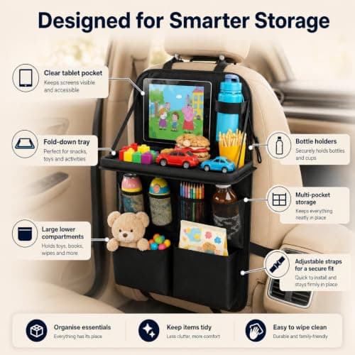 Purecas 2Pack Car Seat Organiser with Fold Down Tray&Tablet Holder (Black) — view 3