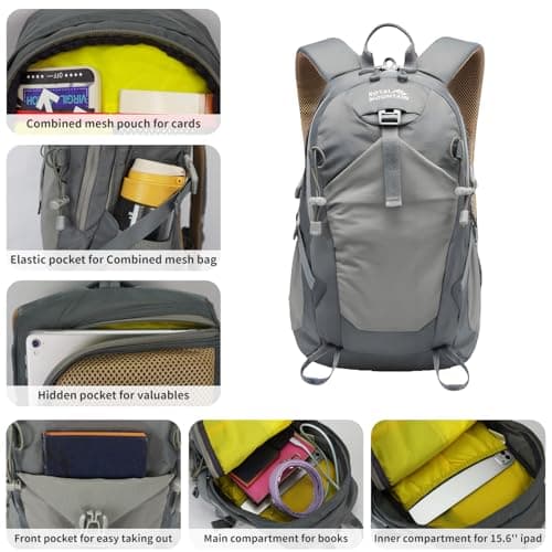 Lightweight Hiking Backpack, 30L Women/Men Waterproof Travel Rucksack Bag with Rain Cover, Outdoor Small Foldable Daypack for Student, Fit for 15.6 inch Laptop (Grey, 30L) — view 5