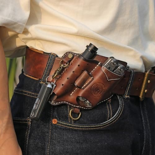 TOURBON Multitool Sheath for Belt Leather EDC Pocket Organiser with Key Holder Flashlight Holster — view 6