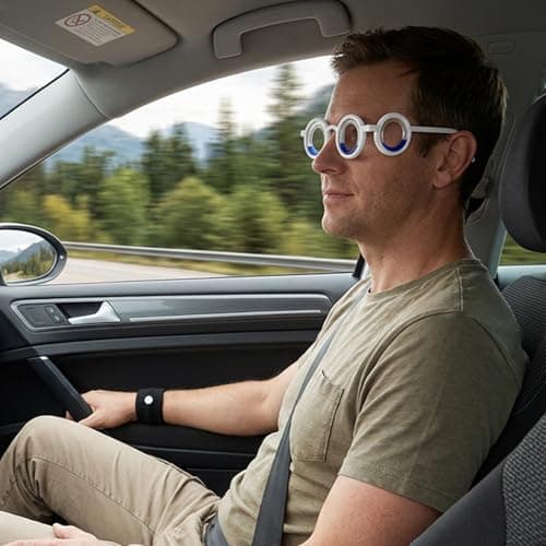 1 Piece Travel Sickness Glasses, Anti-Motion Sickness Smart Glasses Relieve Carsickness Airsickness Seasickness Glasses, Comes with 2 Pairs of Wrist Guards (Blue, Black) and 1 Glasses Bag — view 5