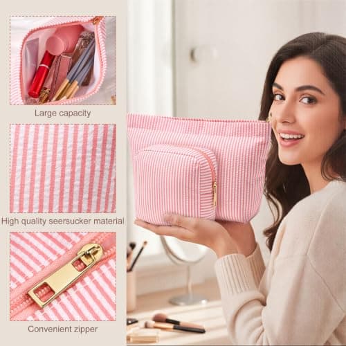 Sanwuta 4 Pcs Seersucker Pouch Striped Makeup Bag Set, Coral Pink — view 4