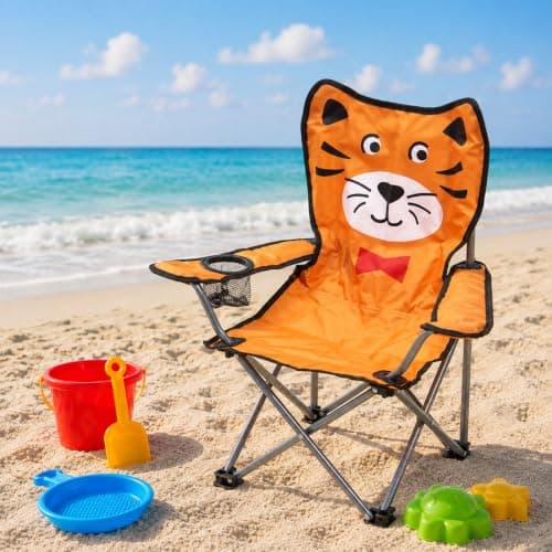 Envenzo Kids Folding Camping Chair, 4 Assorted Animal Designs, 600D Polyester, with Cup Holder and Security Lock, 35x35x60cm (1, ORANGE) — view 2