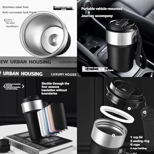 Insulated Travel Mug 500ml Reusable Thermal Coffee Cups for Hot Drinks with Lid and Strap (Pink) — view 3
