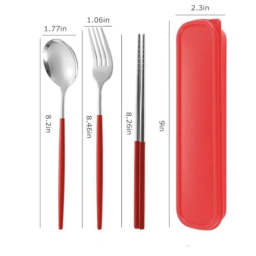 AXIAOLU Travel Utensils, Stainless Steel 4pcs Cutlery Set Portable Camp Reusable Flatware Silverware, Include Fork Spoon Chopsticks with Case (Red) — view 4