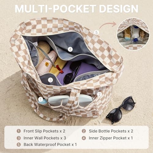 G4Free Large Beach Bag for Women, Waterproof Sandproof Foldable Beach Tote Bags with Zip, Pool Travel Swim Grocery Tote Bags, Brown Plaid — view 4