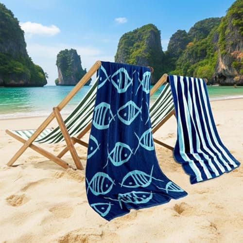 CASA COPENHAGEN Miami Towel 2Pcs Fish Blue - Blue Stripe Designer Stripe Beach Towels Gift Set, 76 x 152 cm, Oversized 100% Cotton Pool Bath Towel for Beach Gift Set (Summer Gift Set For Women & Men)