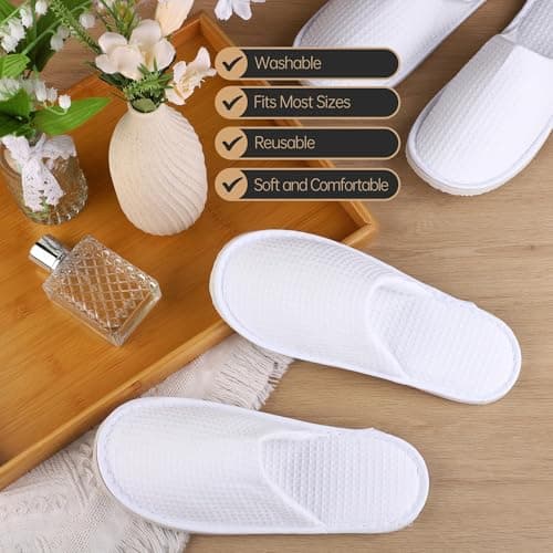 Vivantia 6 Pairs Disposable Hotel Home Spa Guests Slippers,White Waffle Deluxe Closed Toe Slippers Washable and Foldable for Travel Home Spa Party — view 5