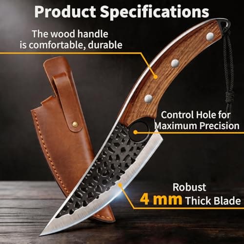 OOKUU Hand-Forged Chef Knife Set with Leather Sheath & Sharpener - Razor Sharp Stainless Steel Blade, Ergonomic Handle - Professional Kitchen & Outdoor Camping Knife — view 3