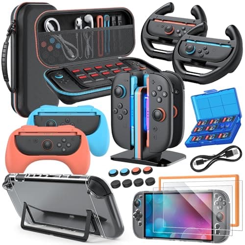 Switch 2 Accessories Bundle for Nintendo Switch 2 2025, 20 in 1 MENEEA Bundle Kits:Carrying Case, Switch 2 Charger Dock,Grips for JoyCon,Steering Wheels,Protective Cover for GameCube Accessories
