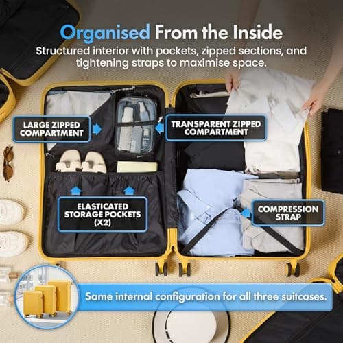 VonHaus Suitcase Set - Yellow Luggage Set for Travel - 3 Piece Lightweight ABS Hard Shell Suitcases - Telescopic Handle & Double Spinner Wheels - TSA Lock & Anti-Theft Zip - Large, Medium & Cabin Bag — view 4