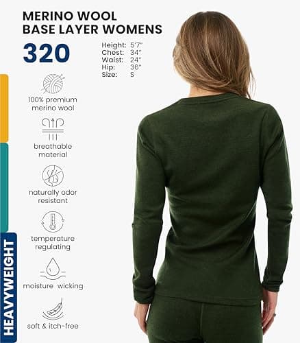100% Merino Wool Base Layer Womens - Long Sleeve Thermal Shirts + Socks (Small, 320 Army Green) — view 2