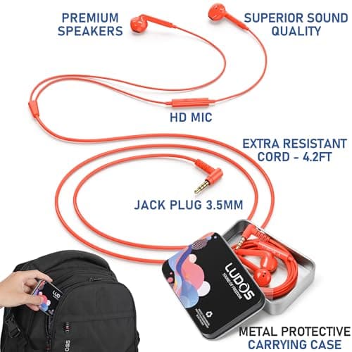 Ludos FEROX Wired Earbuds in-Ear Headphones, Earphones with Microphone, 5 Years Warranty, Noise Isolation Corded for 3.5mm Jack Ear Buds for iPhone, iPad, Samsung, Laptop, Gaming, Sports - Coral — view 2