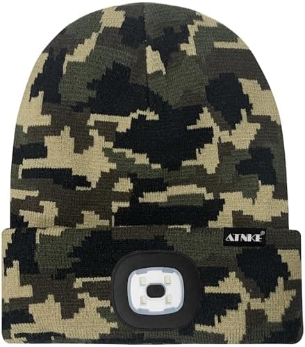 ATNKE LED Lighted Beanie Hat, USB Type C Rechargeable 4 LED Running Headlamp Ultra Bright Cap with Light Hands Free Head Torch Winter Warm Knit Beany Gifts for Men and Women/Camouflage Green — view 2