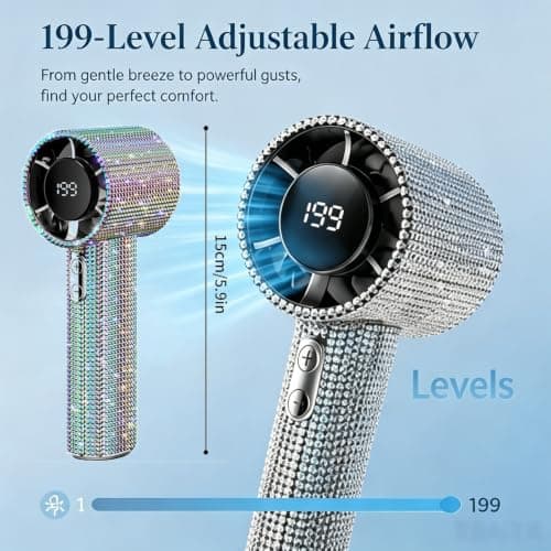 Glitter Diamond-Design Handheld Fan, Portable Turbo Fan with 100-Speed Adjustable Airflow, 1800mAh Rechargeable Mini Fan with LED Display, Quiet Personal Cooling Fan for Travel Office Outdoor (Silver) — view 2
