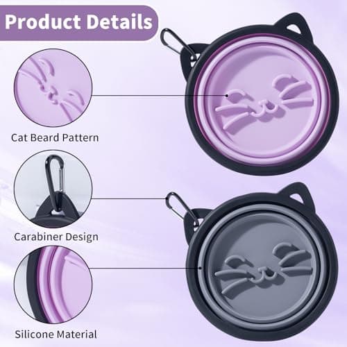 SLSON Silicone Collapsible Dog Bowl, 2 Pack Portable Dog Travel Bowl, Cute Cat Pattern Pet Feeding Bowl 750ml Large Foldable Food & Water Bowl with Carabiner (Purple+Grey) — view 6