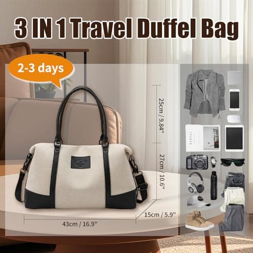 Travel Duffle Bag for Women, Canvas Carry On Weekender Overnight Bags with Wet Pocket, Gym Tote Bag for Business Trip Sports, Beige Black, 16.9 x 10.6 x 5.9 inches, Weekender Duffel Overnight Bag — view 3