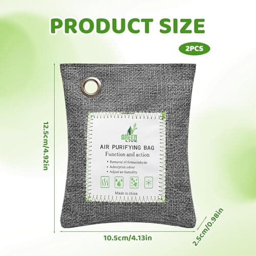 2 Pack 100g Bamboo Charcoal Bags, Grey Linen Fabric Activated Charcoal Odour Absorber, Activated Charcoal Bags with Hanging Holes, Odor Eliminator for Bathroom Wardrobes Cars — view 2