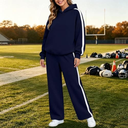 Womens Navy 2 Piece Outfit Pullover Hoodie and Wide Leg Trousers — view 5