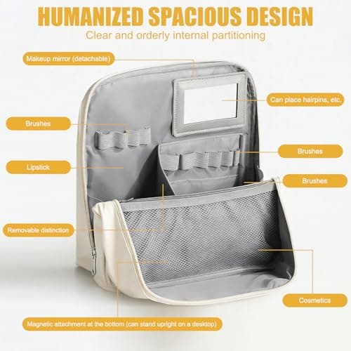 Travel Makeup Bag, Large Capacity Cosmetic Bags with Waterproof Toiletry Compartment, Luggage Strap, Detachable Mirror, and Leather Portable Standing Makeup Bag — view 3