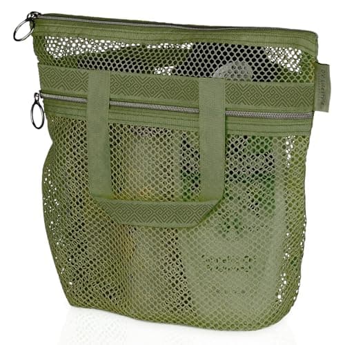 DV Lifestyle Mesh Shower Bag 25 x 26cm Caddy with Zipper & 2 Pockets. Quick-Dry Portable Toiletry Tote for Bathroom, Gym, Travel, Camp, Beach, for Sunscreen, Dorm & College Essentials (Olive Green)