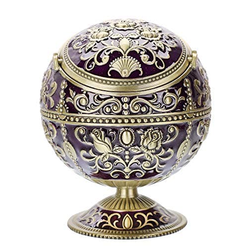 Windproof Ashtray with Lid for Cigarettes Metal Portable Cigar Ashtray Odor Eliminator for Indoor outdoor Hand Stamped Rose Pattern with Sparkle Fancy Gift for Men Women (Dark Purple-Bronze)