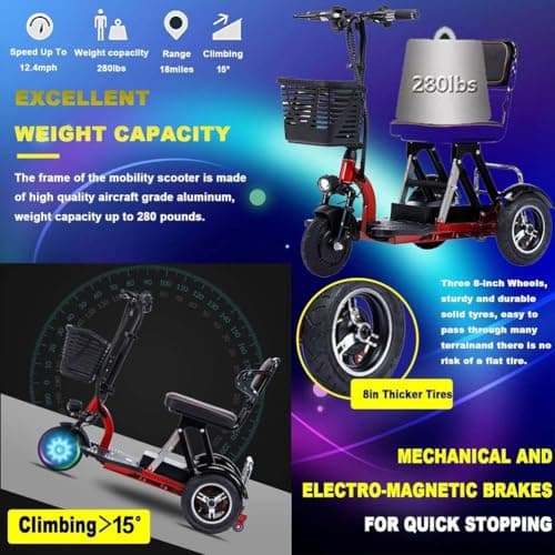 Portable Foldable Lightweight 3-Wheel Mobility Scooter for Adults, 15A Battery Powered Mobility Scooter with 8 Inch Wheels, Comfortable Seat, Charger & Storage Basket — view 5