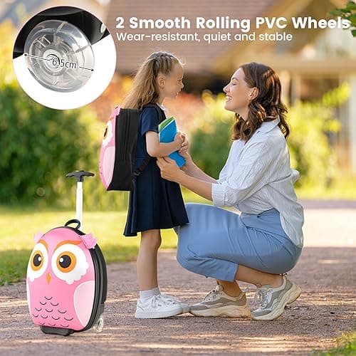GYMAX 2Pcs Kids Luggage Set, 12" Backpack & 16" Children Hardshell Suitcase with Wheels, Toddler Carry On Luggage Set Boys Girls Trolley Case for Travel School — view 5