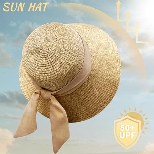lifwimner Straw Sun Hats for Women UV Protection, Foldable Floppy Bowknot Straw Hats Wide Brim Summer Beach Cap with Chin Strap for Beach Vacation Travel Holiday (UK, Alpha, M, Khaki) — view 3