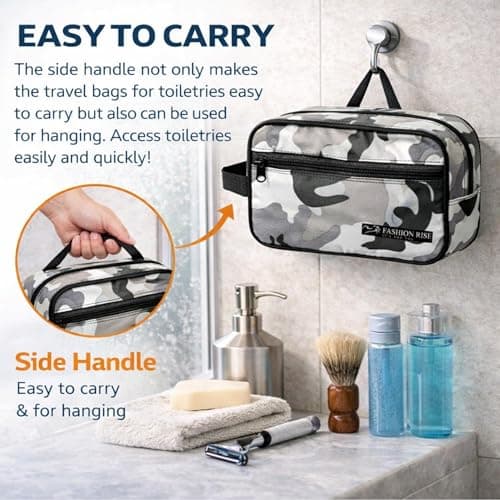 Water-Resistant Toiletry Bag for Men & Women - Lightweight Travel Wash Bag with Multiple Compartments, Compact Dopp Kit Cosmetic Organizer, Durable Nylon Shaving & Makeup Storage Case (Camo Grey) — view 4