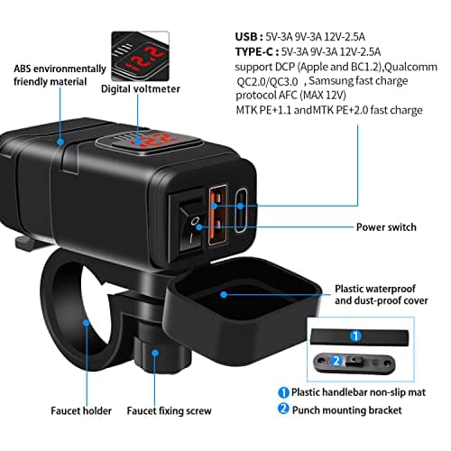 Kriogor Motorcycle Car Charger with QC 3.0 USB Socket and Type-C Port, IP65 Waterproof Dustproof Motorbike USB Adapter with 6-30V LED Voltmeter and On/Off Switch for 12V Boat Marine SUV (Red) — view 2