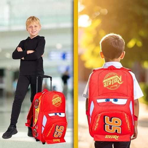 Disney Cars Backpack for Kids, 2-in-1 Lightning McQueen Trolley Bag for School & Travel, Compact Small Suitcase with Wheels (Red Lightning Mcqueen) — view 5