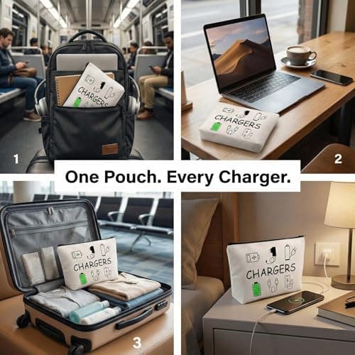 Cable Organiser Bag, Cream Zip Travel Charger Pouch for Electronics — view 6
