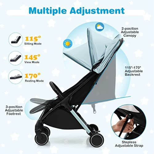 COSTWAY Baby Stroller, Protable Travel Buggy with Detachable Seat Cover, 5-Point Harness, Adjustable Canopy, Backrest and Footrest, One-Hand Fold Infant Pushchair for 0-3 Years (Blue) — view 3