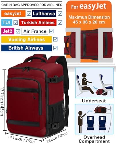 KLOSTAIN for Easyjet Cabin Bag 45x36x20 Travel Backpack Hand Luggage Carry-ons Bag Laptop Backpack Ruscksack for Airplanes Flight New Easyjet Underseat Cabin Bags Fit 14" Laptop Red — view 2
