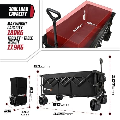 MoverX 300L Camping Trolley on Wheels, Table Folding Wagon, Portable Camping Cart, Foldable Trolly for Festival Beach Outdoor Garden Picnic Shopping Fishing, Wide Wheels, Adjustable Handle, Black — view 3