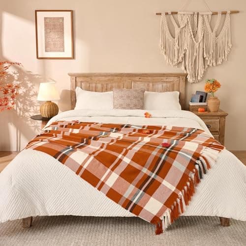 Lanpn Rust Plaid Throw Blanket, Cozy Soft Fall Fringe Blankets for Couch Sofa Bed, Lightweight Orange Checkered Throws Acrylic Cashmere Like Shawl, Autumn Thanksgiving Home Decor Gift, 130x150 — view 4
