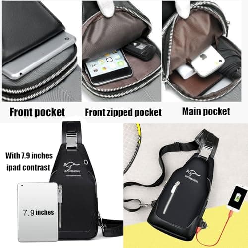 Men's Waterproof Sling Bag, Oxford cloth Chest Shoulder Crossbody Bag Crossbody with Double zipper USB Charging Port Adjustable Strap, Lightweight Casual Daypack for Hiking, Travel, Camping (Black) — view 6