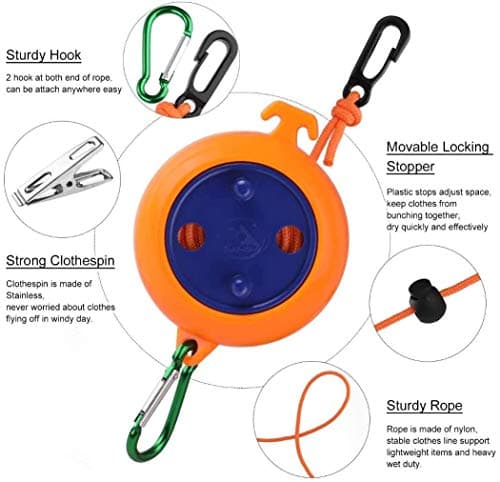 Camping Washing Line, 8 Meters Travel Clothesline Retractable Laundry Rope For Indoor Outdoor Heavy Duty, Adjustable Portable Drying Lines With 10 Fixed Buckles And 20 Clothespins — view 3