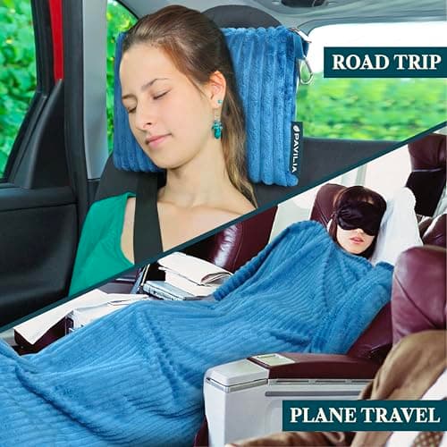 PAVILIA Travel Blanket Pillow in Soft Bag with Pockets, Airplane Set, Plane Compact Packable, Flight Essentials Car Pillow, Travelers Accessories Gifts, Luggage Strap, Turquoise, Sea Blue — view 6