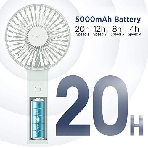 EasyAcc Handheld Fan, Portable, Battery, USB Fan/Portable Mini Fan, Electric, 20 Hour Rechargeable Battery, Foldable, Compatible with Laptop Multi Port Socket for Travel, Home, White — view 2