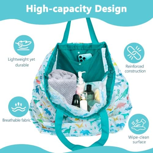 LAHAQIQI Extra Large Mesh Beach Toy Tote Bag with Drawstring- Foldable Lightweight Swimming Travel & Summer Essentials for Women Kids (Green Dino) — view 6
