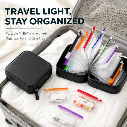 A8 Waterproof Pill Organizer Set with 14 Color-Pill Pouches, Travel Pill Box Zippered Translucent Medication Organizer, Portable Reusable Binder Design Pill Organiser for Fish Oils, Vitamins(Black) — view 5